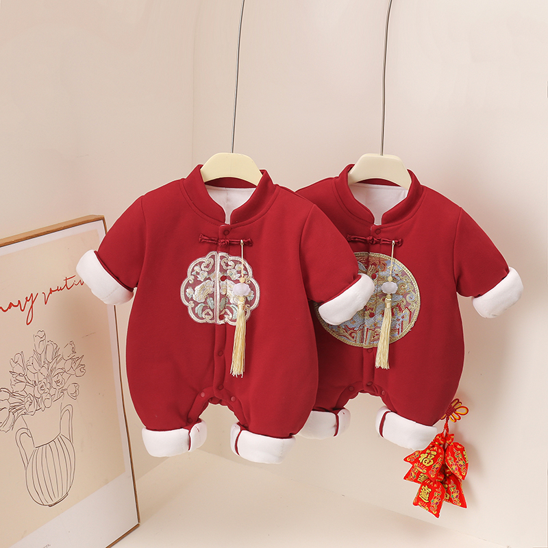 冬季新中式夹棉宝宝连体衣龙图小花立领中厚棉哈衣新生儿拜年服（