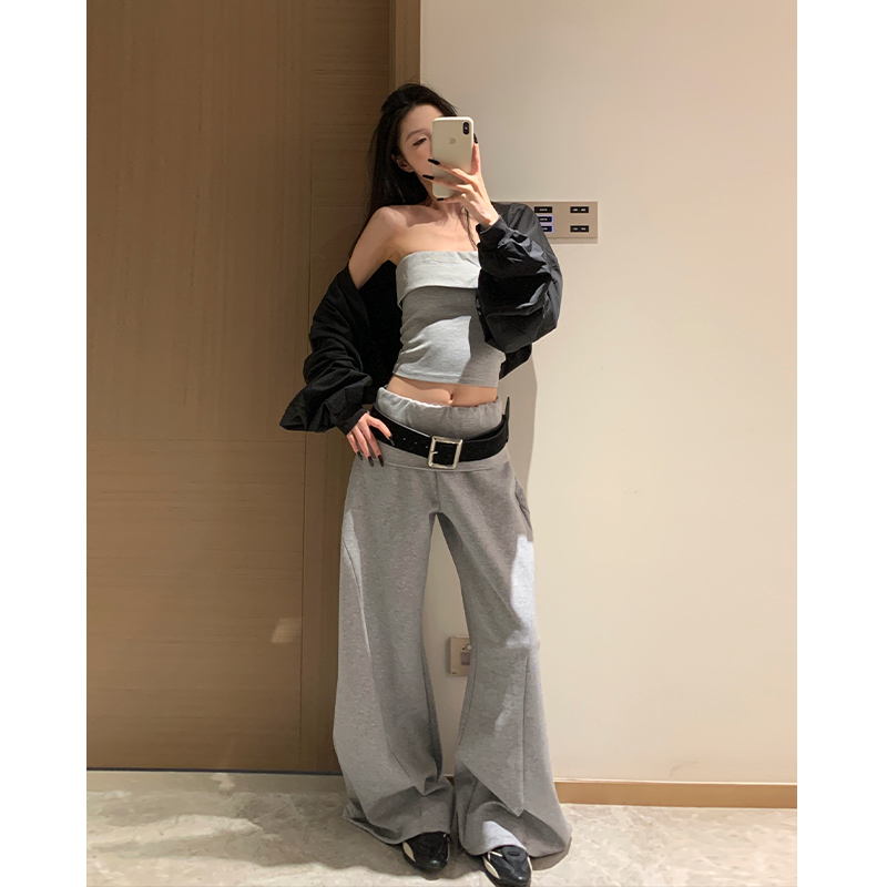 CAYK辣妹撞色三件套条纹抹胸+纯色外套+拼色翻边拖地裤