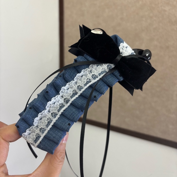 【蓝波点褶皱香蕉夹】蕾丝飘带发夹丝绒蝴蝶结复古学院风氛围感Z034