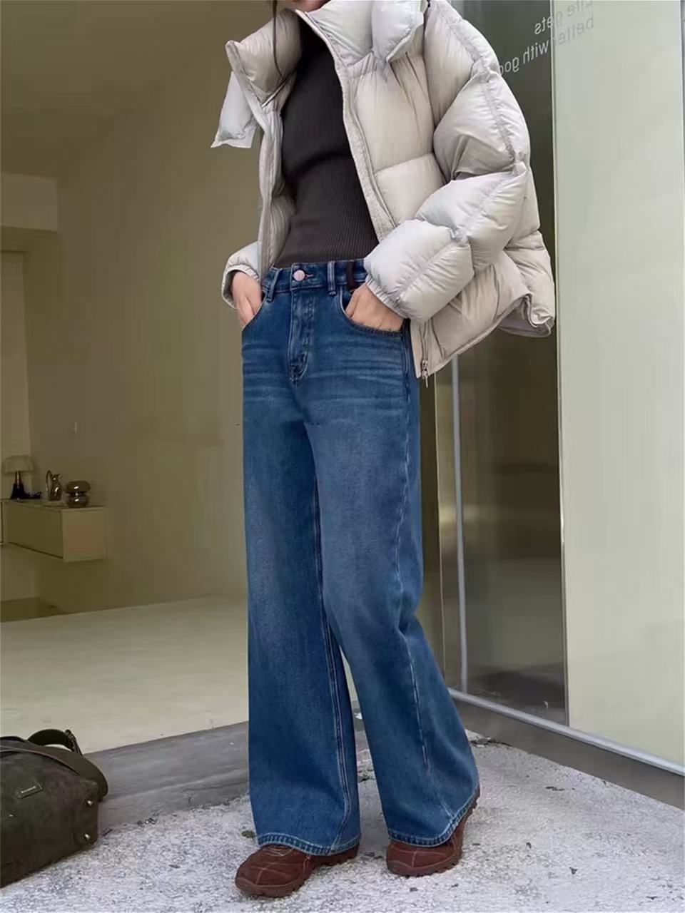 SU【905-1】代85  愫丹 直筒裤冬四面弹款高腰特绒蓝色窄版阔腿裤