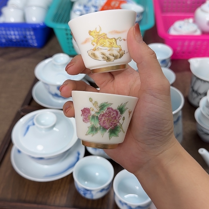 素烧羊脂玉高端如意杯两个一组牡丹➕牛气冲天