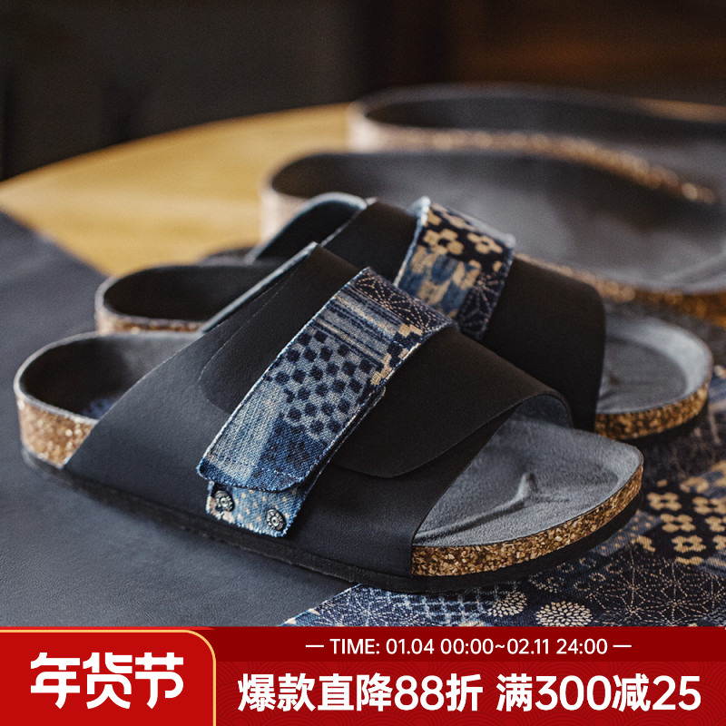 马登复古软木无跟拖鞋男士新款包头户外穿魔术贴休闲凉鞋一字凉拖