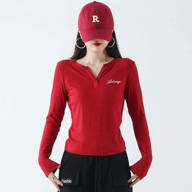 XVRV【秋上新】2025长袖小V领透气休闲健身T恤跑步跳操百搭上衣