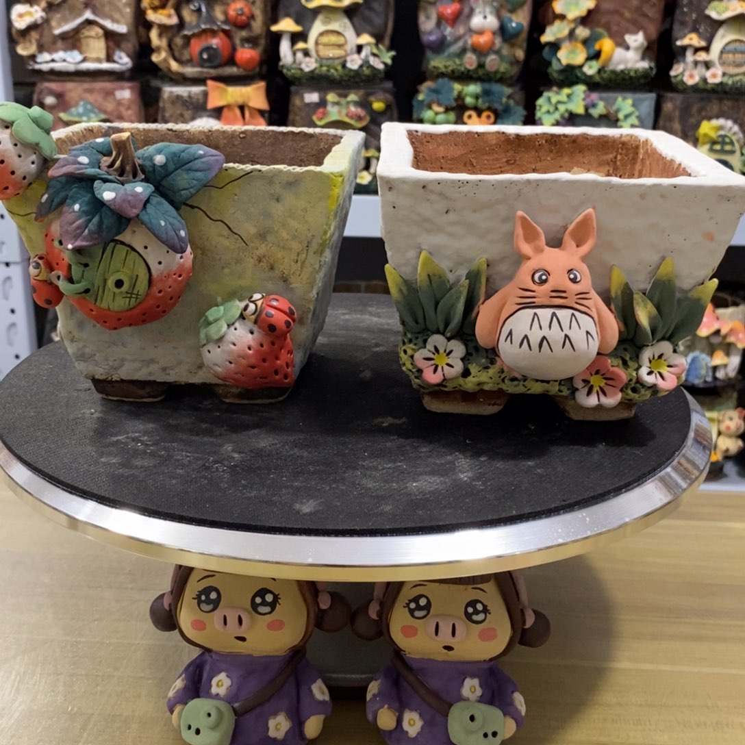 随***飞白狐粗陶手捏花盆