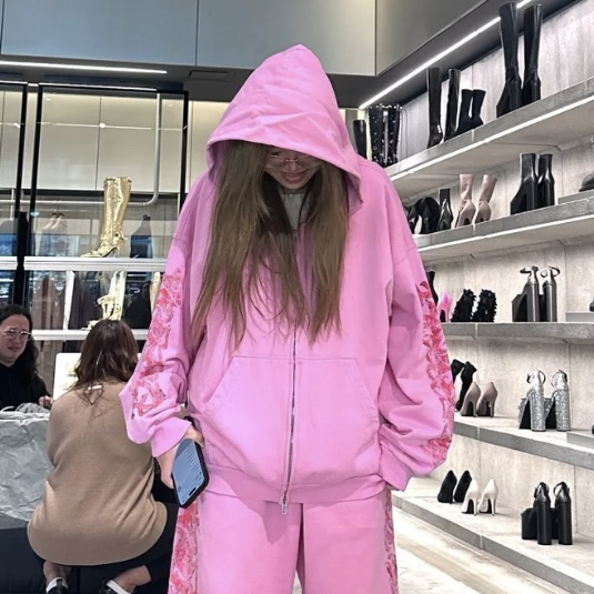 99新 Balenciaga/巴黎世家 1949/粉色Logo印花连帽卫衣/M（os）