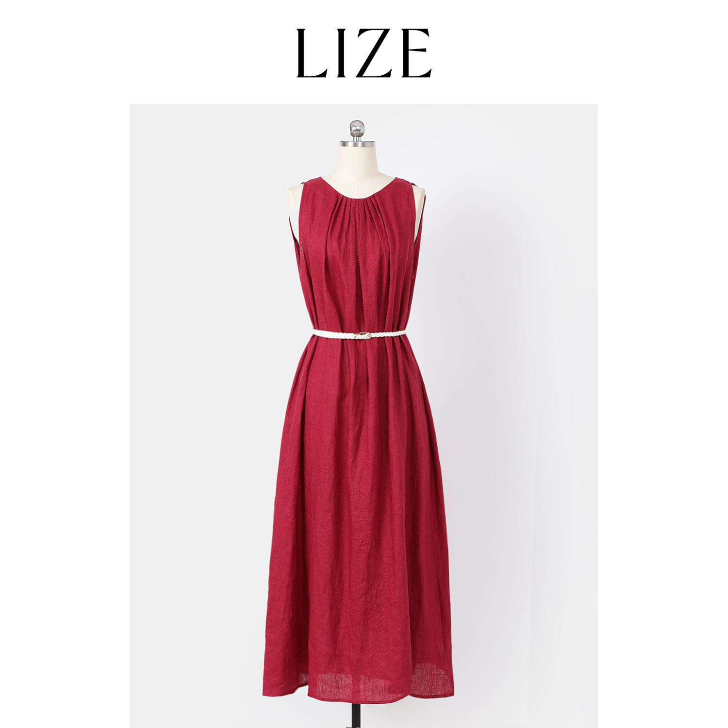 LIZE「大马士革玫瑰」奢美定染红 重磅亚麻 手工麻花腰带背心连衣裙