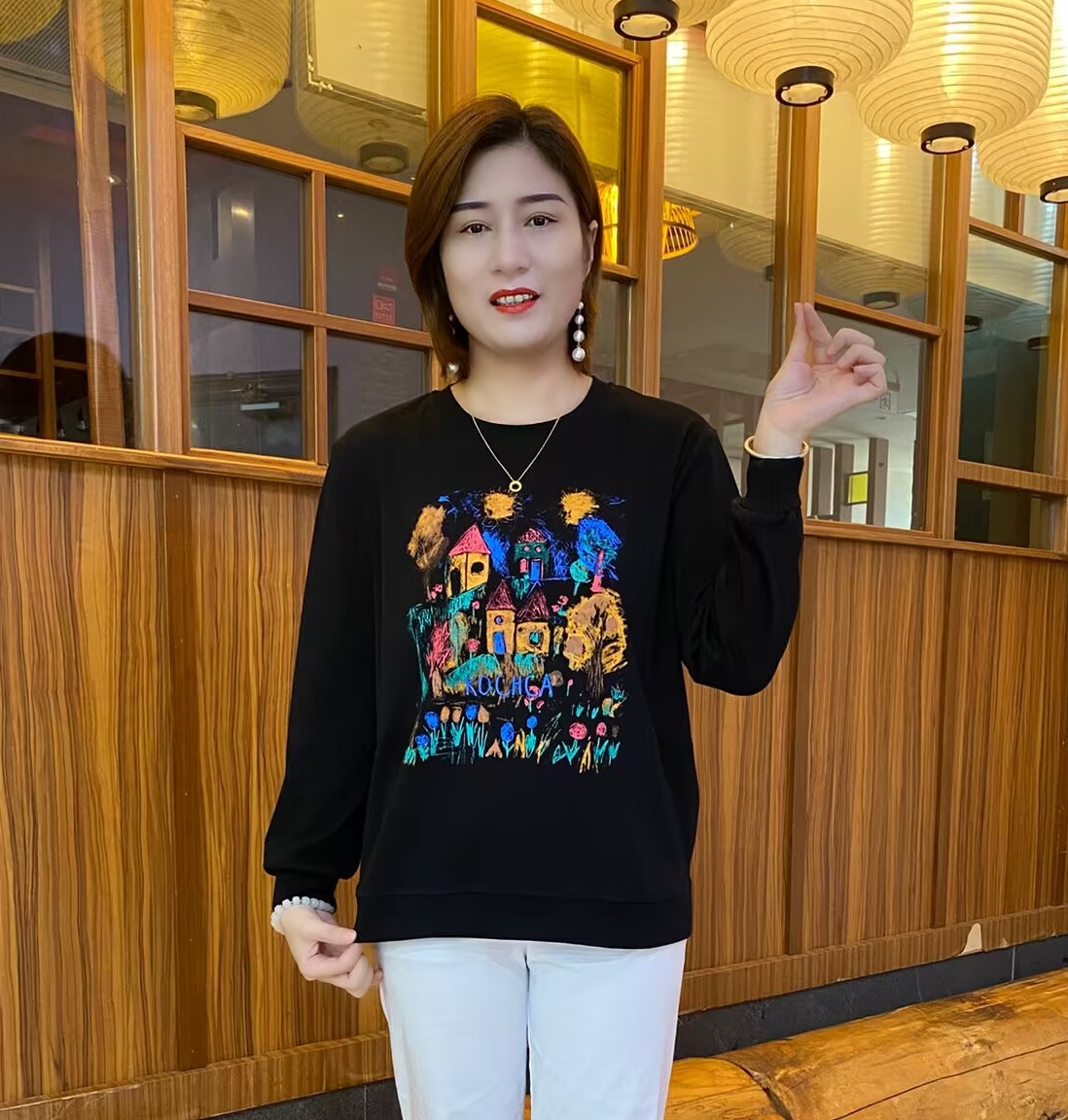 秋季长袖印花圆领纯色常规女T恤休闲时尚潮流中长洋气上衣