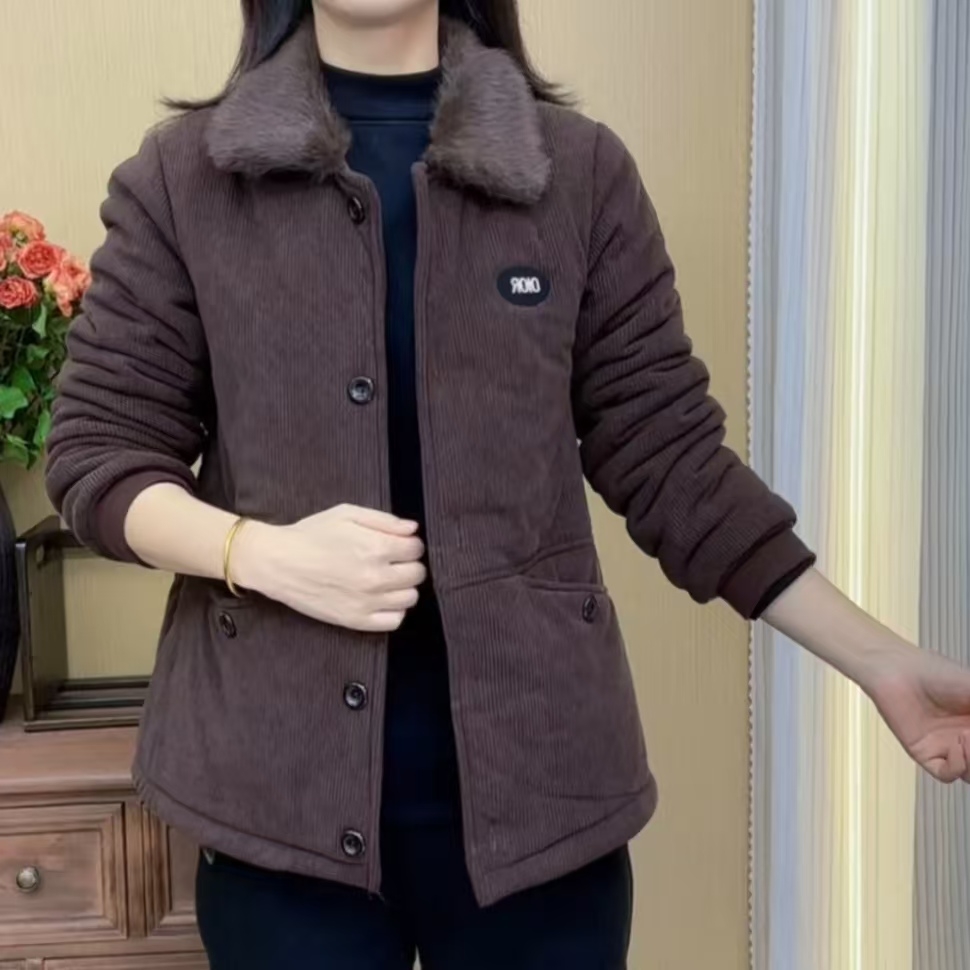2024冬新款毛领加绒百搭妈妈装气质加厚女士保暖棉服