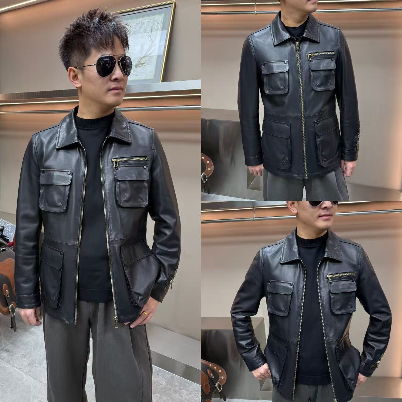 黑金山羊皮真皮皮衣秋冬多口袋修身型常规款翻领潮流休闲秋冬324