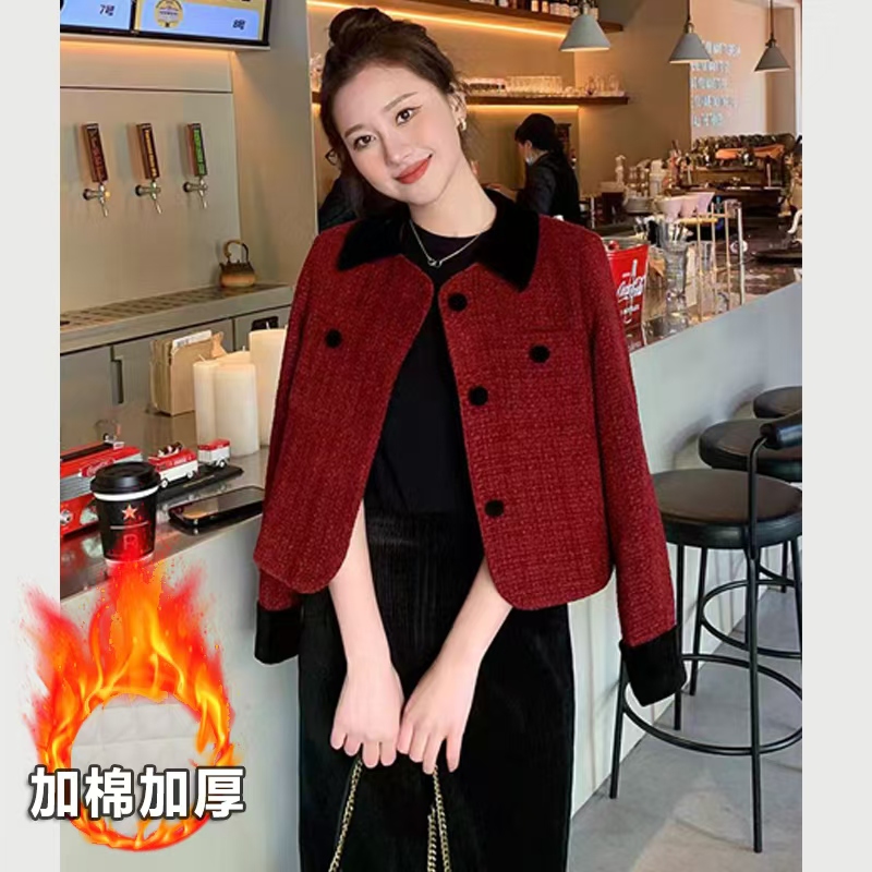 加棉加厚时尚小香风外套女2025春秋新款高级气质名媛红色毛呢外套
