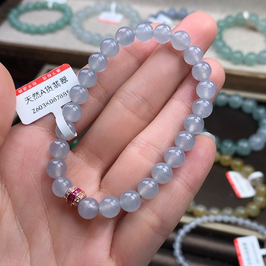 翡翠未镶嵌手链高冰蓝紫，6.8mm，大漏