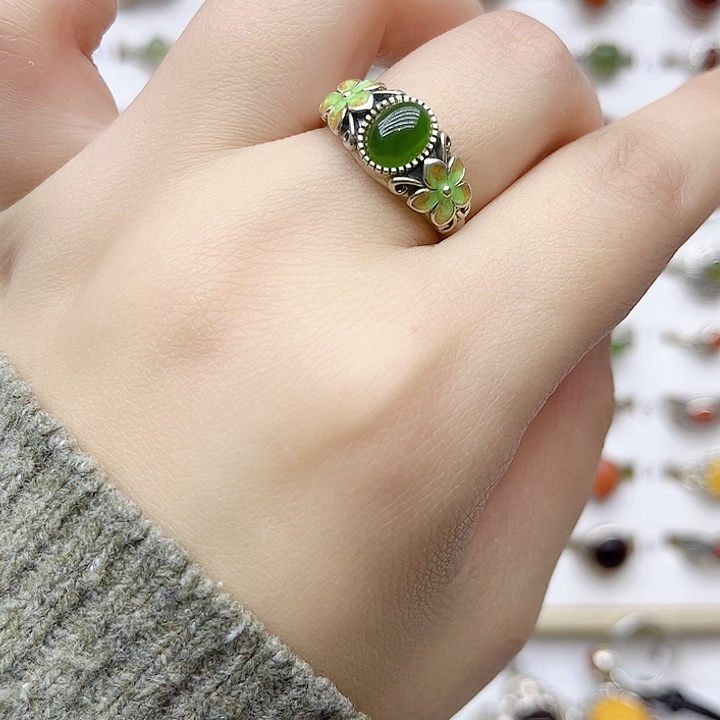 和田玉戒指银S925镶嵌天然