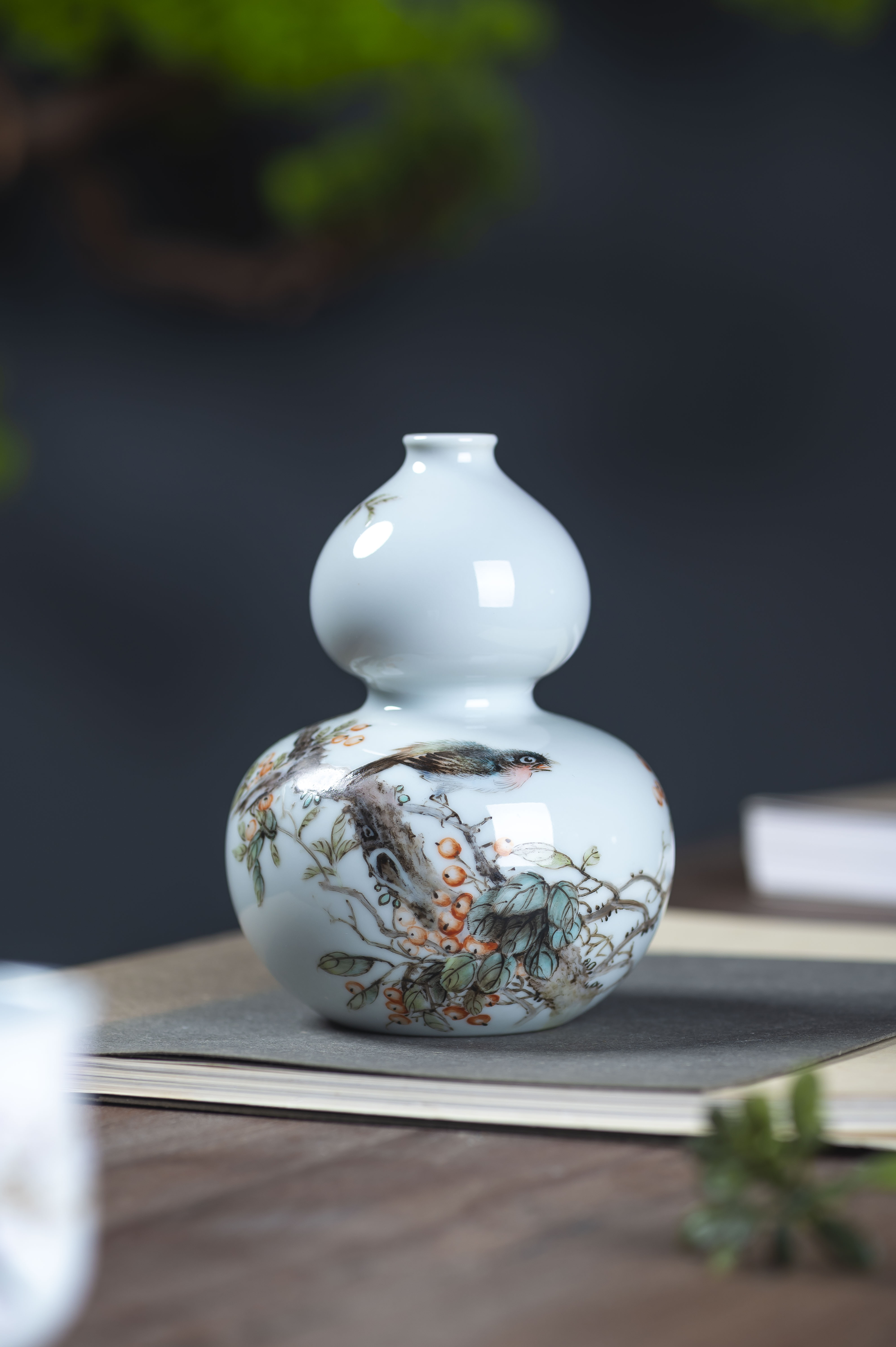 余小平·粉彩花鸟葫芦瓶&粉彩秋实图摆件工艺品陶瓷全手工