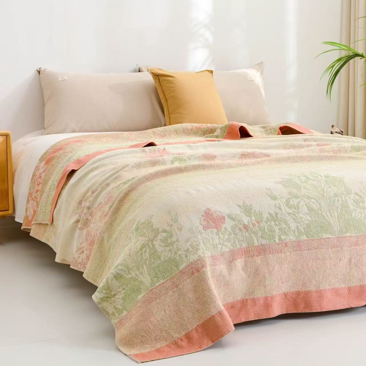 床盖毯【织野 粉色】2x2.3米 高端轻奢棉麻双人四季可铺可盖夏凉毯