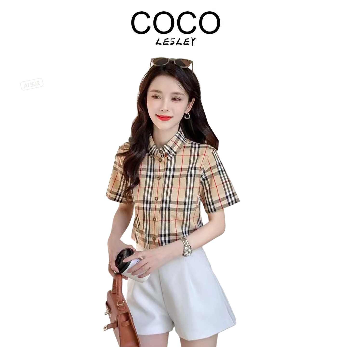【COCO LESLEY】衬衫长袖格纹格子衬衫宽松春夏短袖常规时尚宽松型
