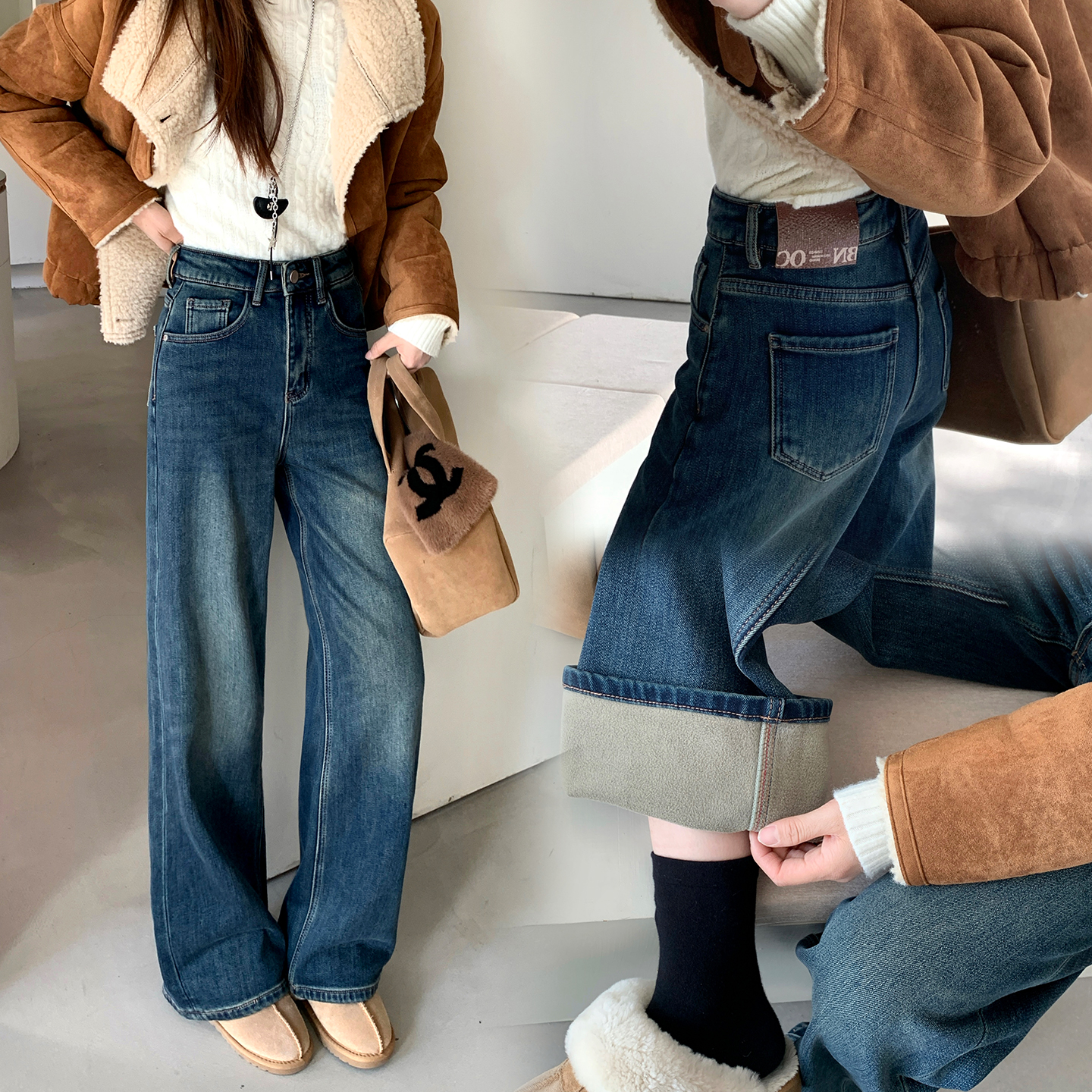 美思源深色加绒阔腿牛仔裤女2025冬季新款老钱风高端显瘦直筒裤子