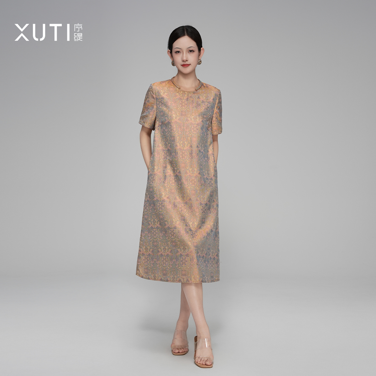 序缇『翠凤金凰』夏季国风新中式女装桑蚕丝古蜀锦连衣裙J37-16658