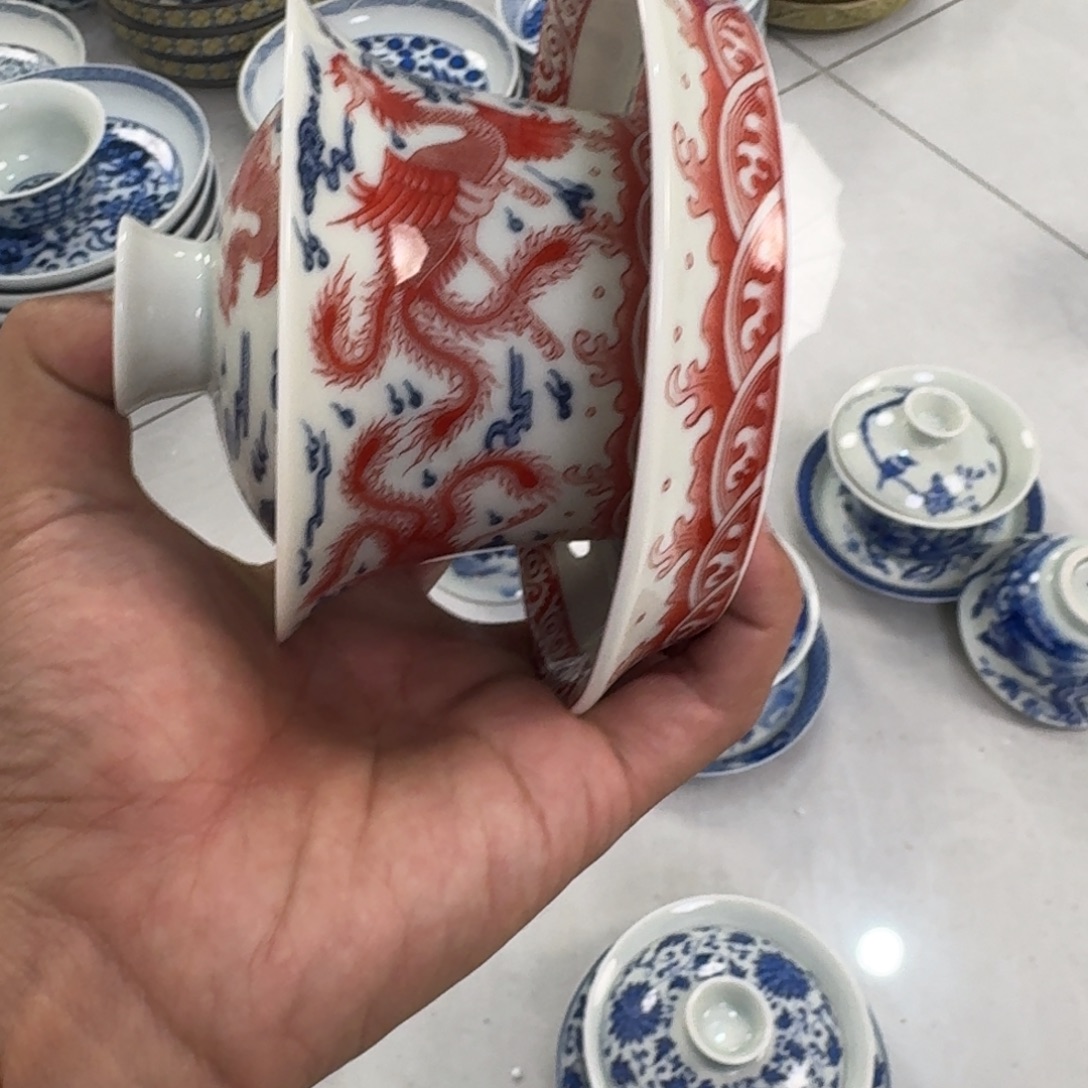 陶摆件梵红九凤三才盖碗