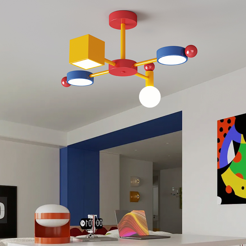 孟菲斯儿童房吊灯复古彩色卧室全光谱护眼儿童房书房马卡龙灯具