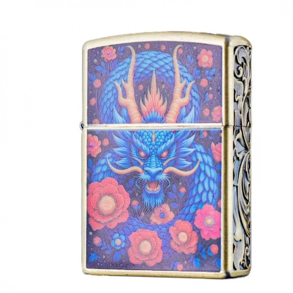 夜光蓝龙戏珠手工常规机煤油打火机金色国潮【不赠送煤油】国风