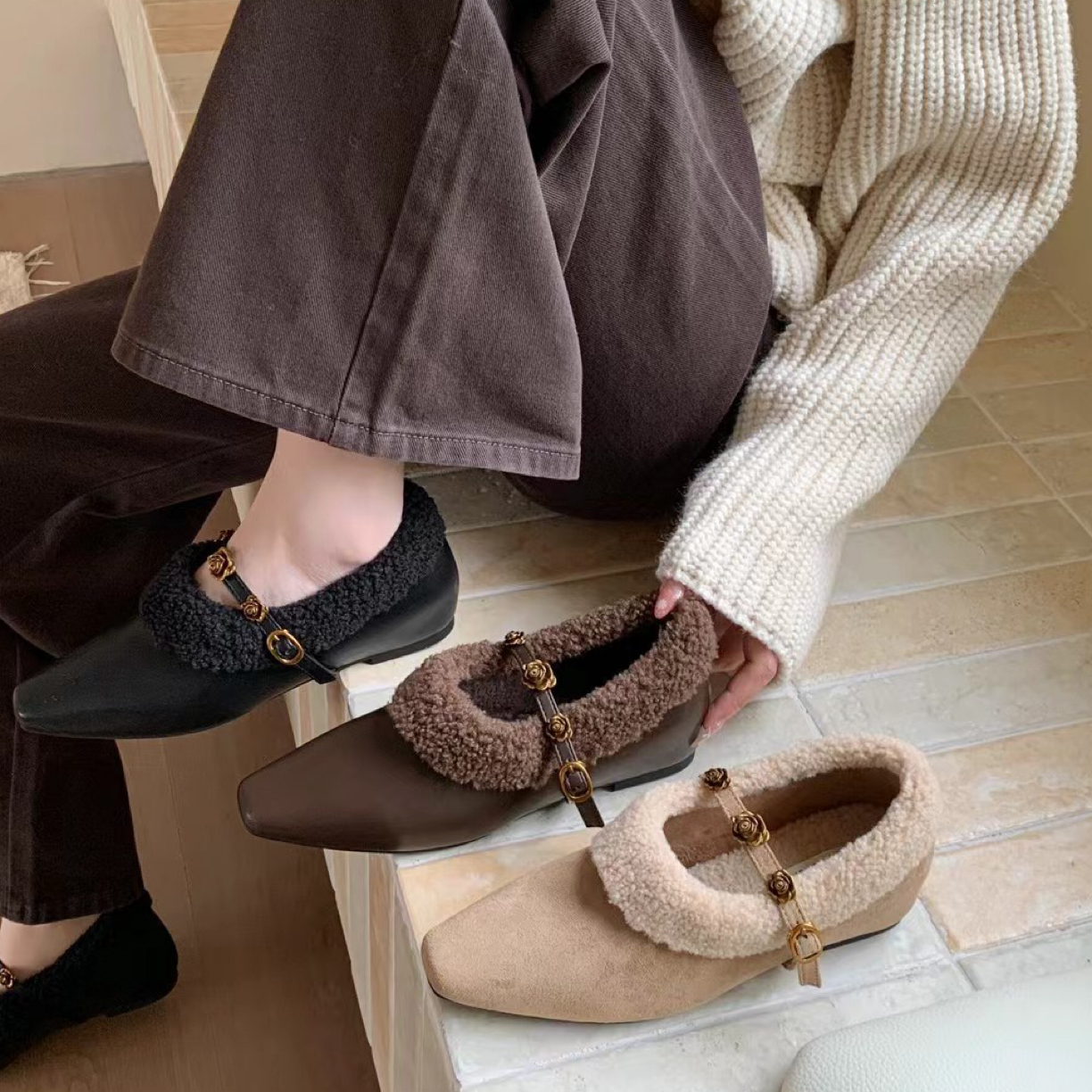 团团家 H1029 法式小香风方头毛毛鞋女秋冬加绒保暖玛丽珍单鞋