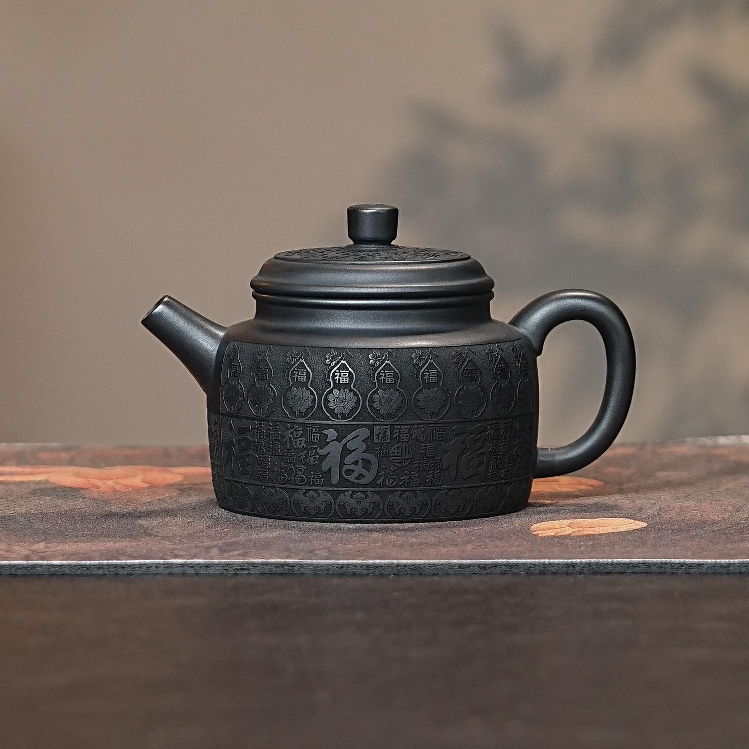 宜兴紫砂茶具  原矿石黄泥料刻绘百福图福禄德钟紫砂茶壶