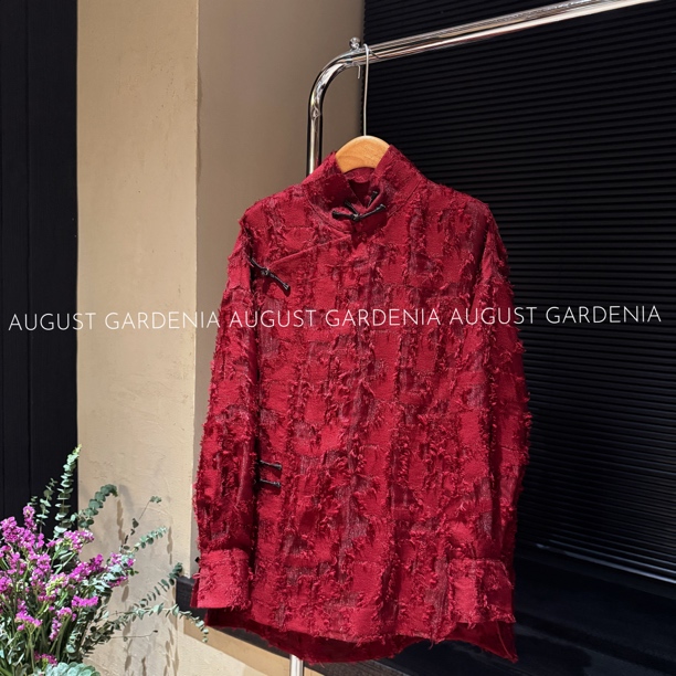 「朱砂密语」烧花工艺新中式国风立领长袖斜襟百搭上衣