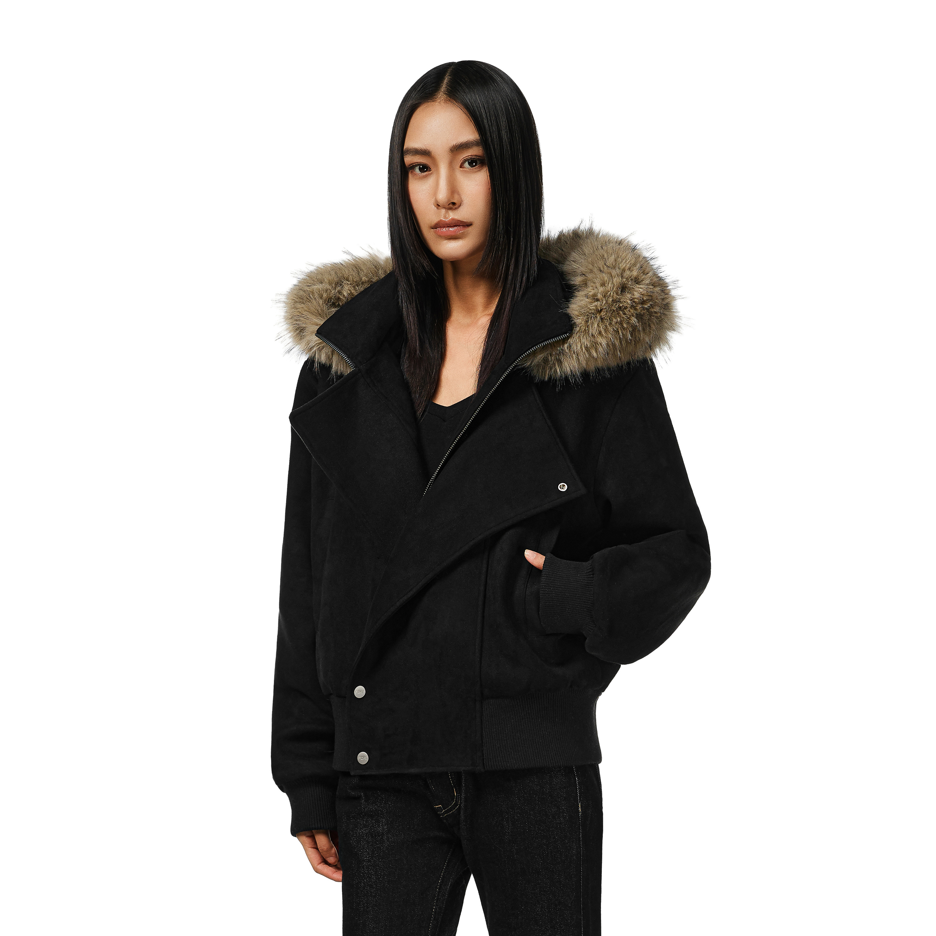 FDR官方店 斜门襟连帽麂皮可拆卸毛领外套男女同款