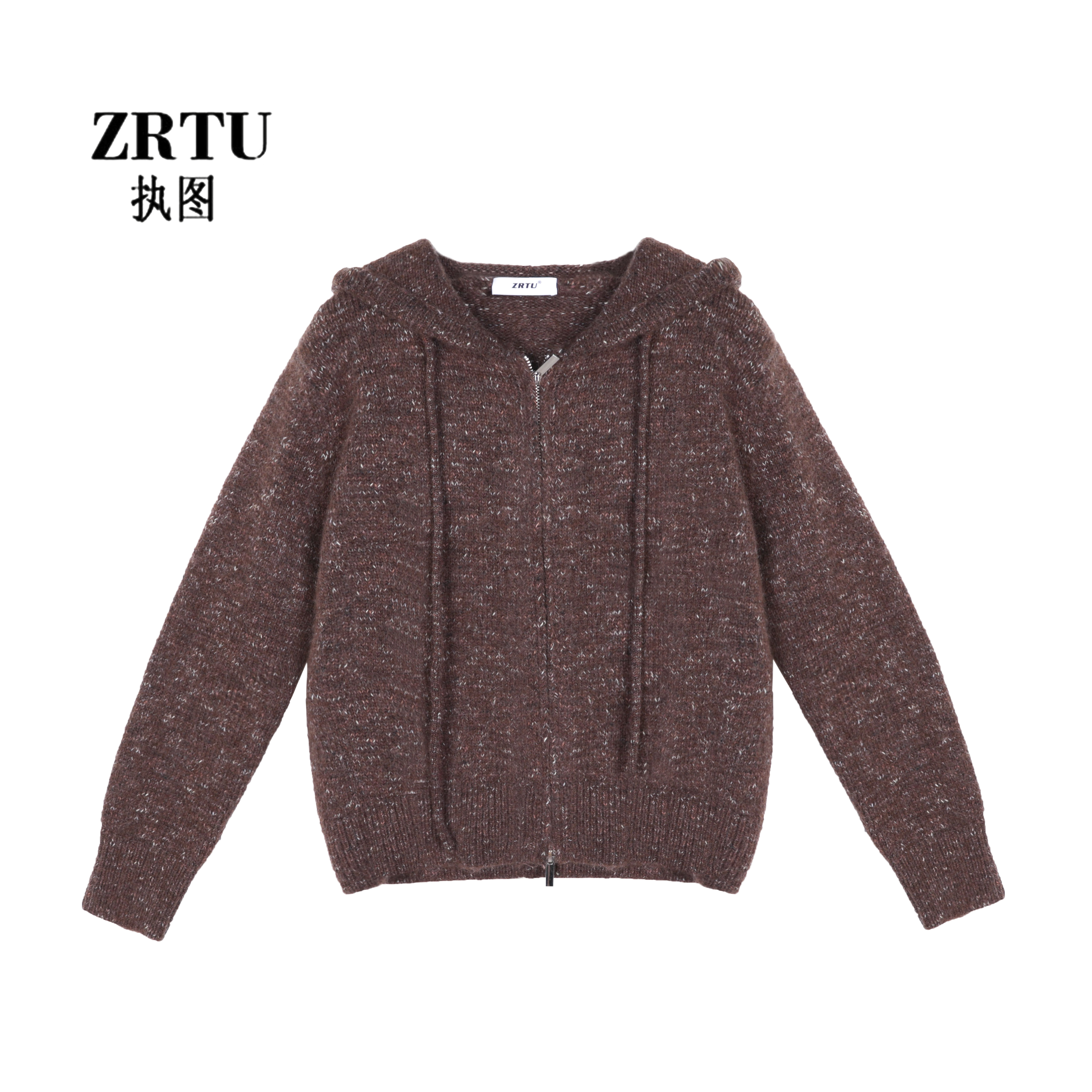 ZRTU执图2025冬季新款彩点设计感慵懒风连帽开衫毛衣外套