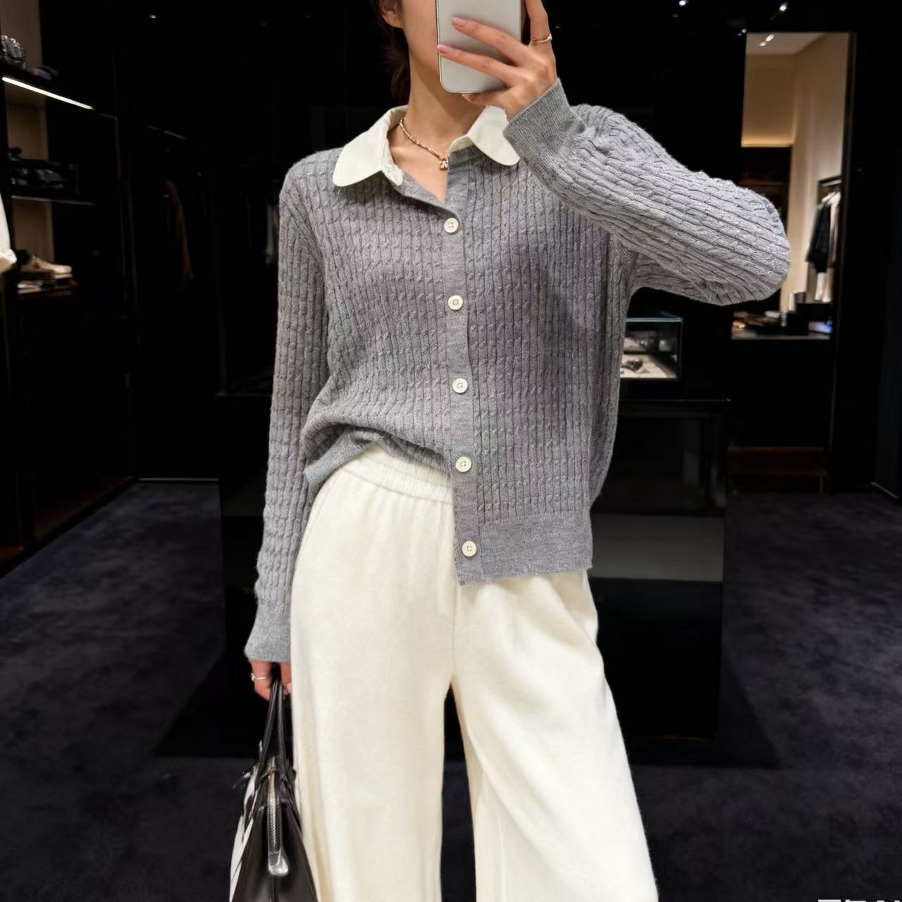 胸104-160长55翻领拼接高级灰绞花长袖单排扣针织上衣 4363