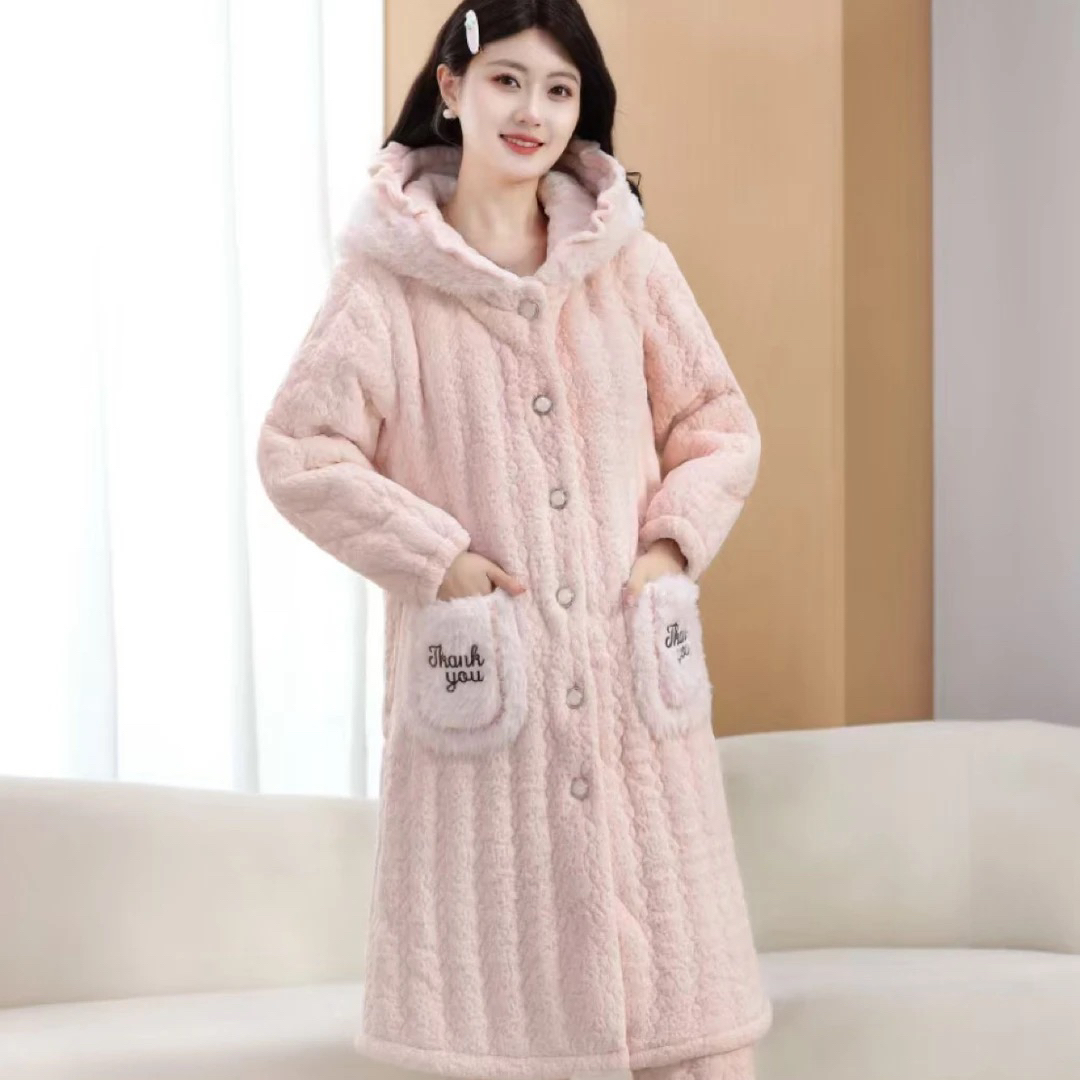 S012款粉色保暖冬季加厚家居服套装时尚