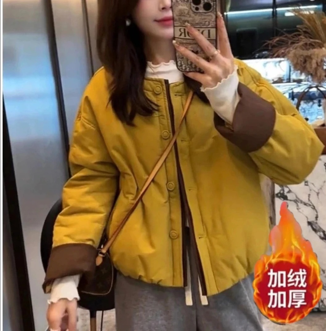 【小火炉加绒巨暖和】撞色圆领设计感棉服冬季新款时尚宽松棉衣