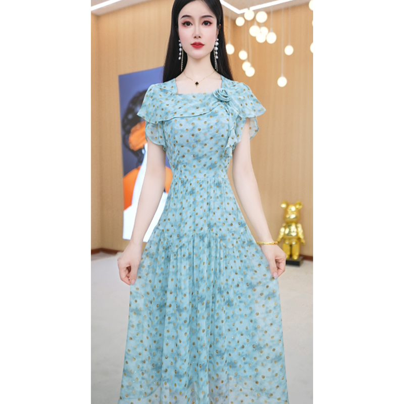 【连衣裙】夏季新款方领花色气质收腰显瘦通勤连衣裙M-4XL