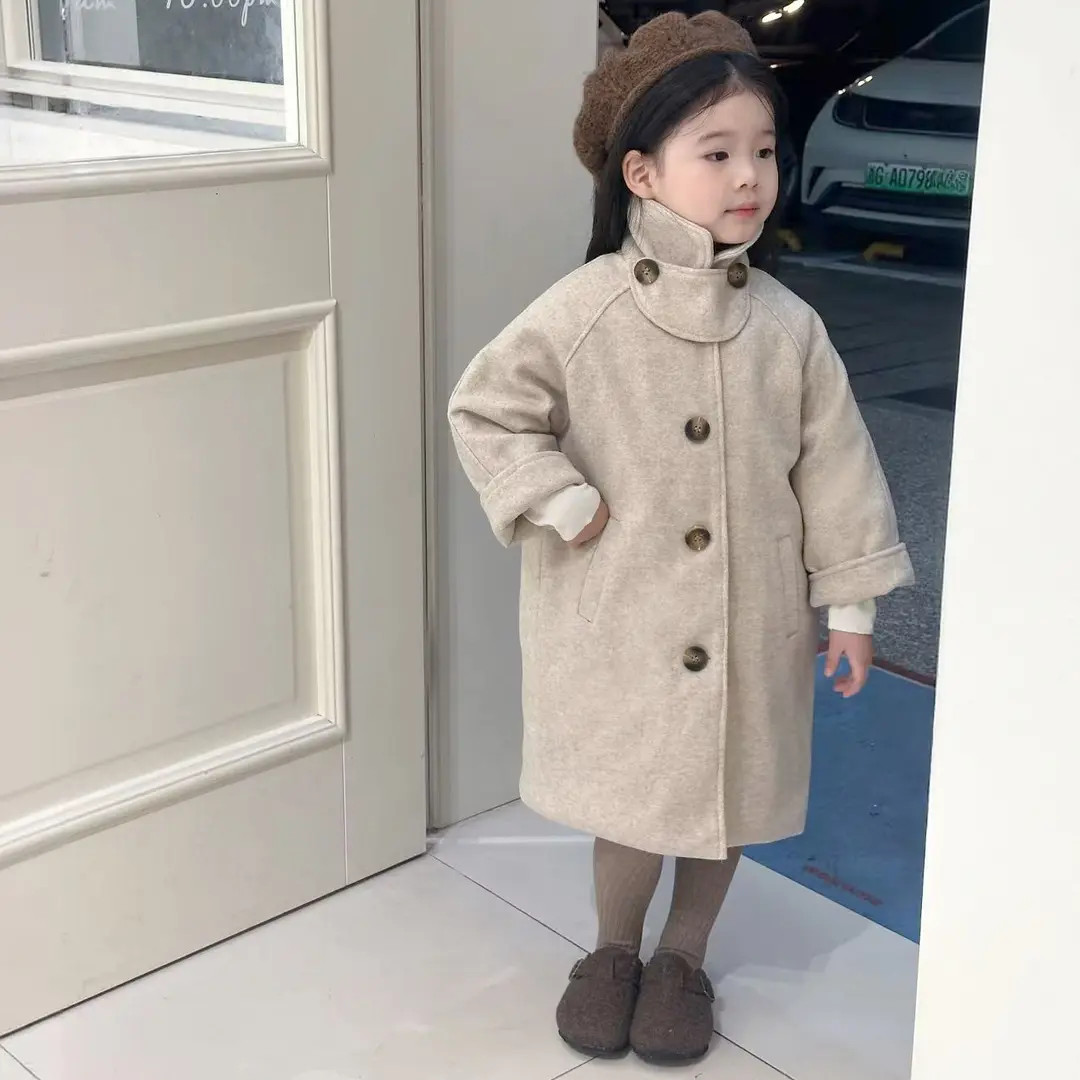 女童冬装大衣外套夹棉中长款风衣加厚棉服翻领棉袄燕麦色气质百搭
