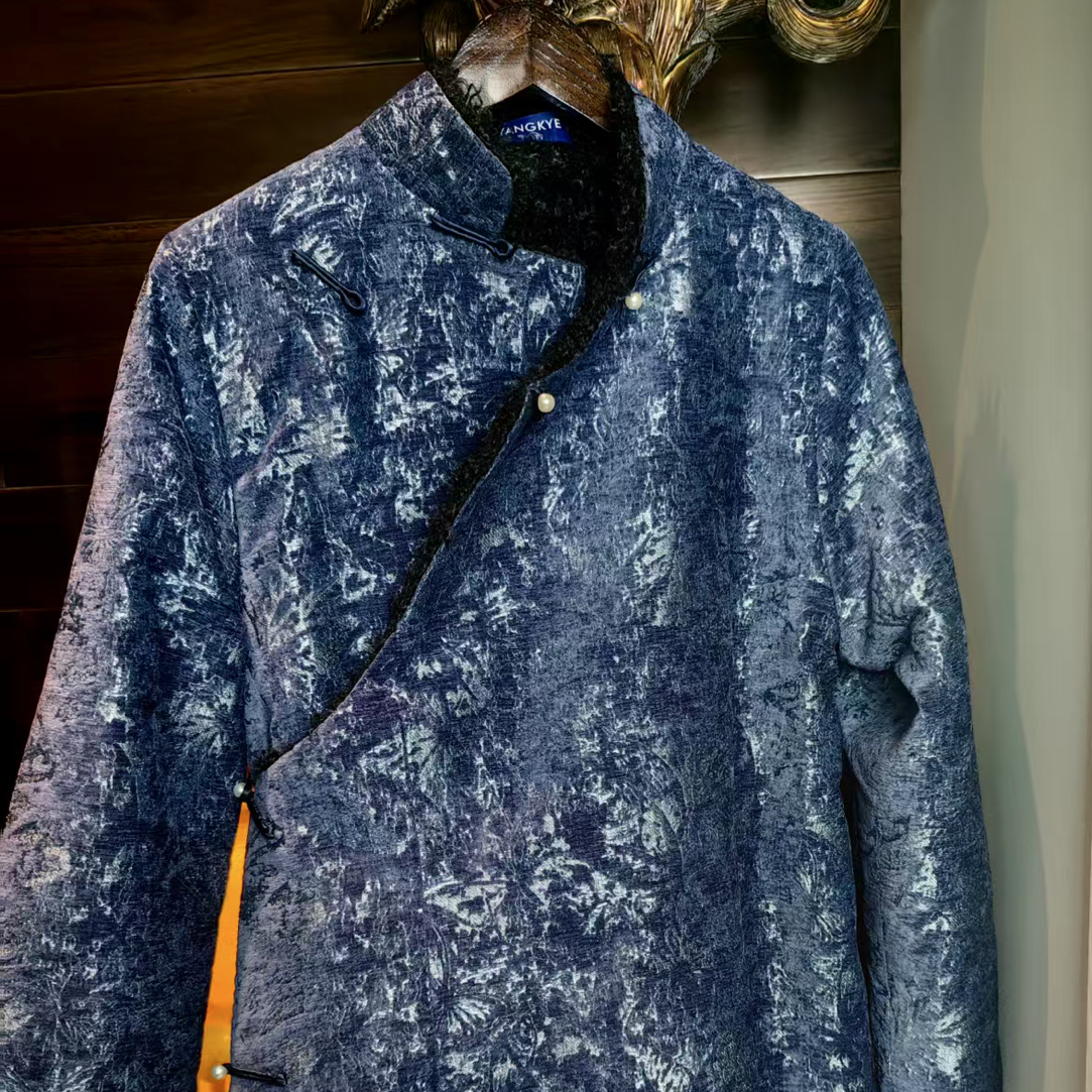 高档蓝色人丝面料女士外套