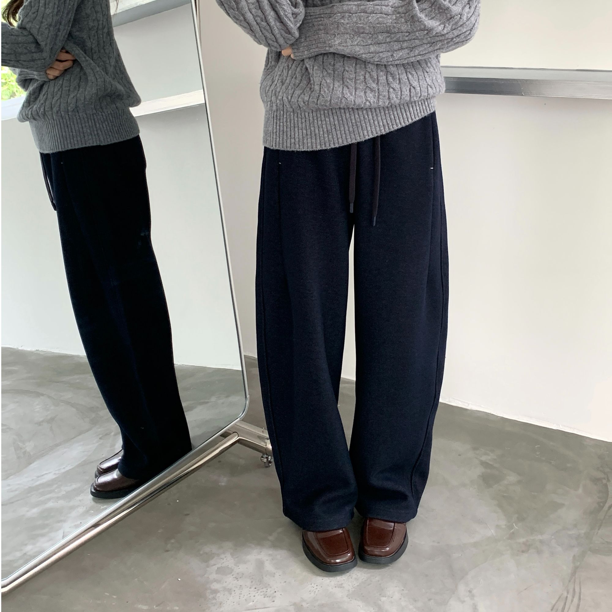 醋酸羊毛弯刀裤显瘦休闲裤高腰直筒百搭宽松加绒加厚2559