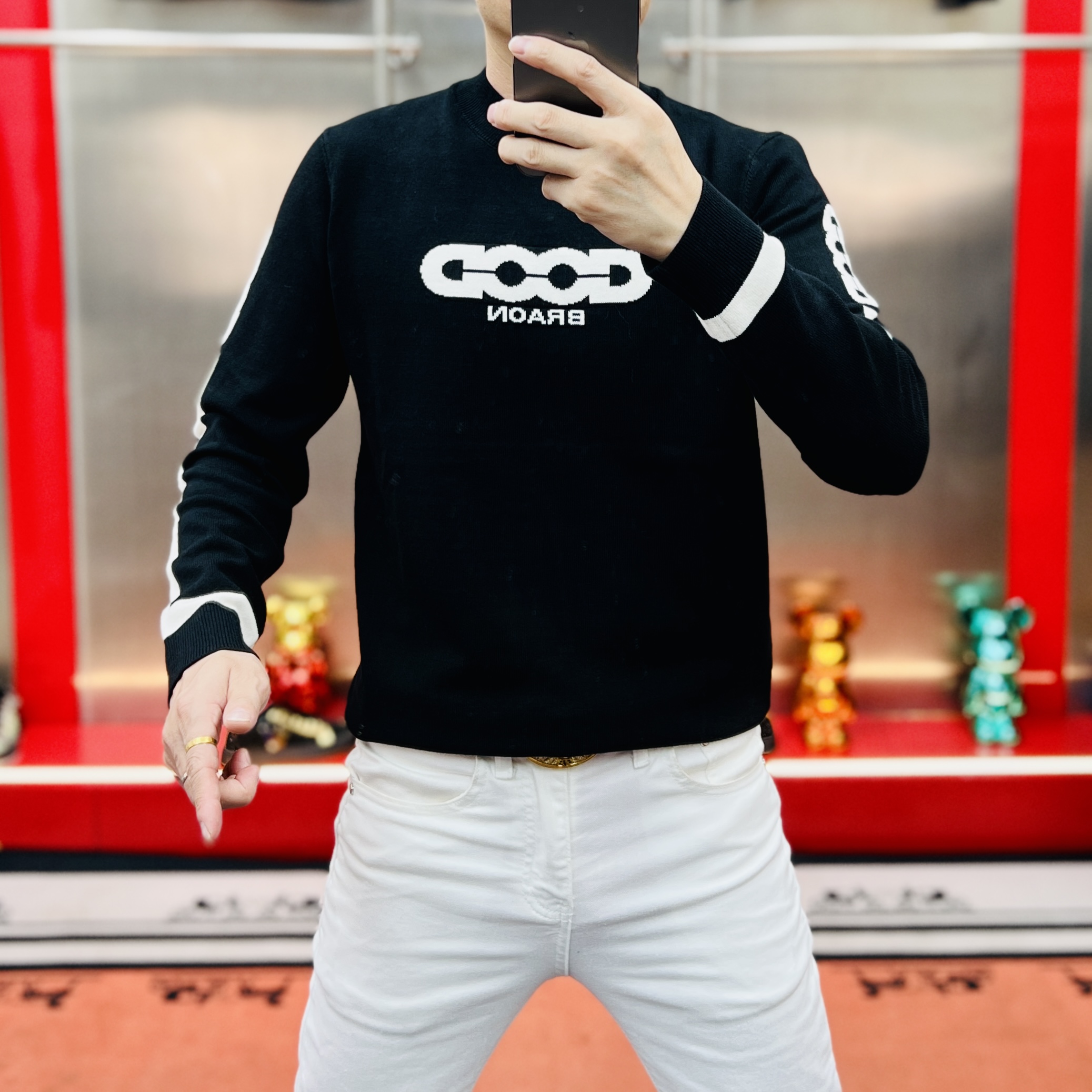 洋洋家 男士秋冬季新款潮流小字母提花修身百搭针织时尚毛衣潮