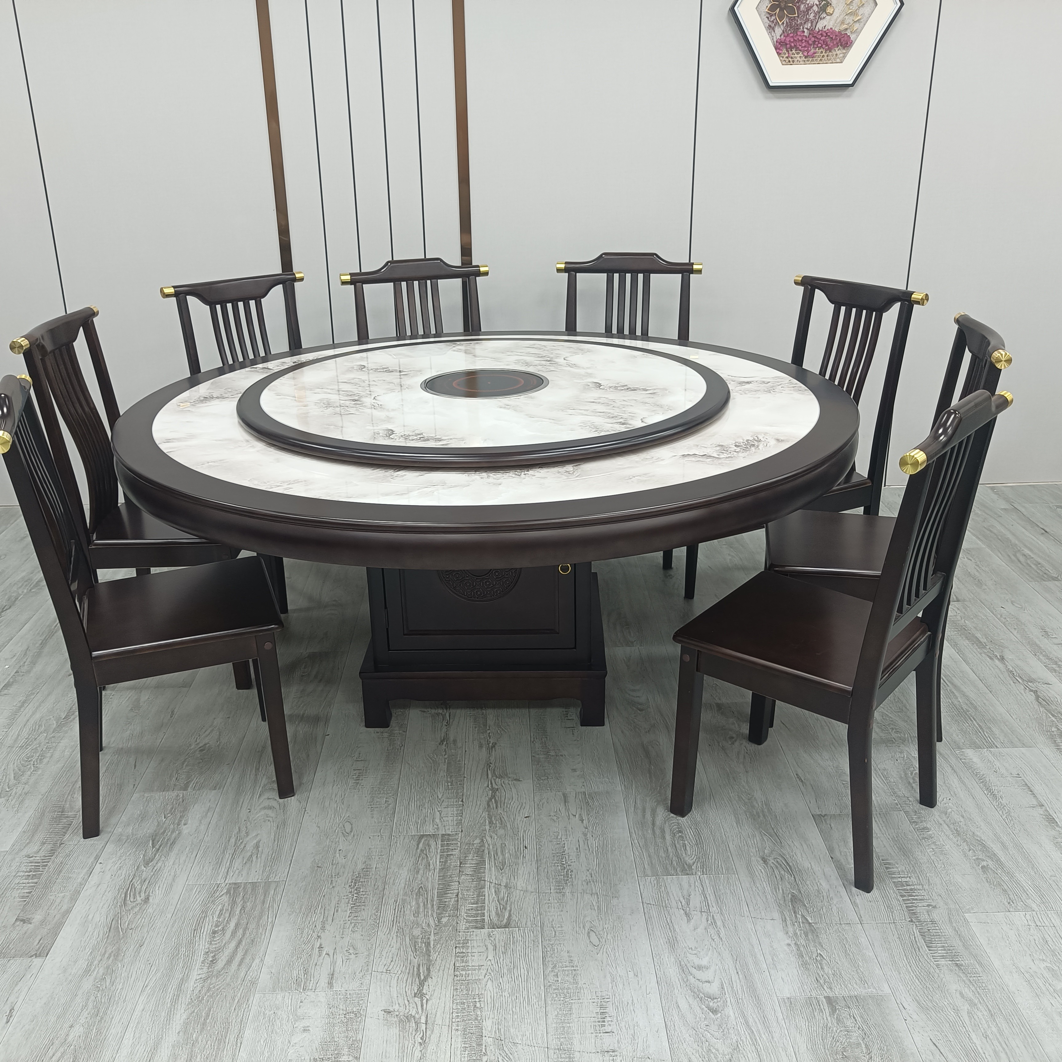 新中式全实木餐厅圆形岩板餐桌转盘饭桌桌子（储物柜脚）大圆桌家用