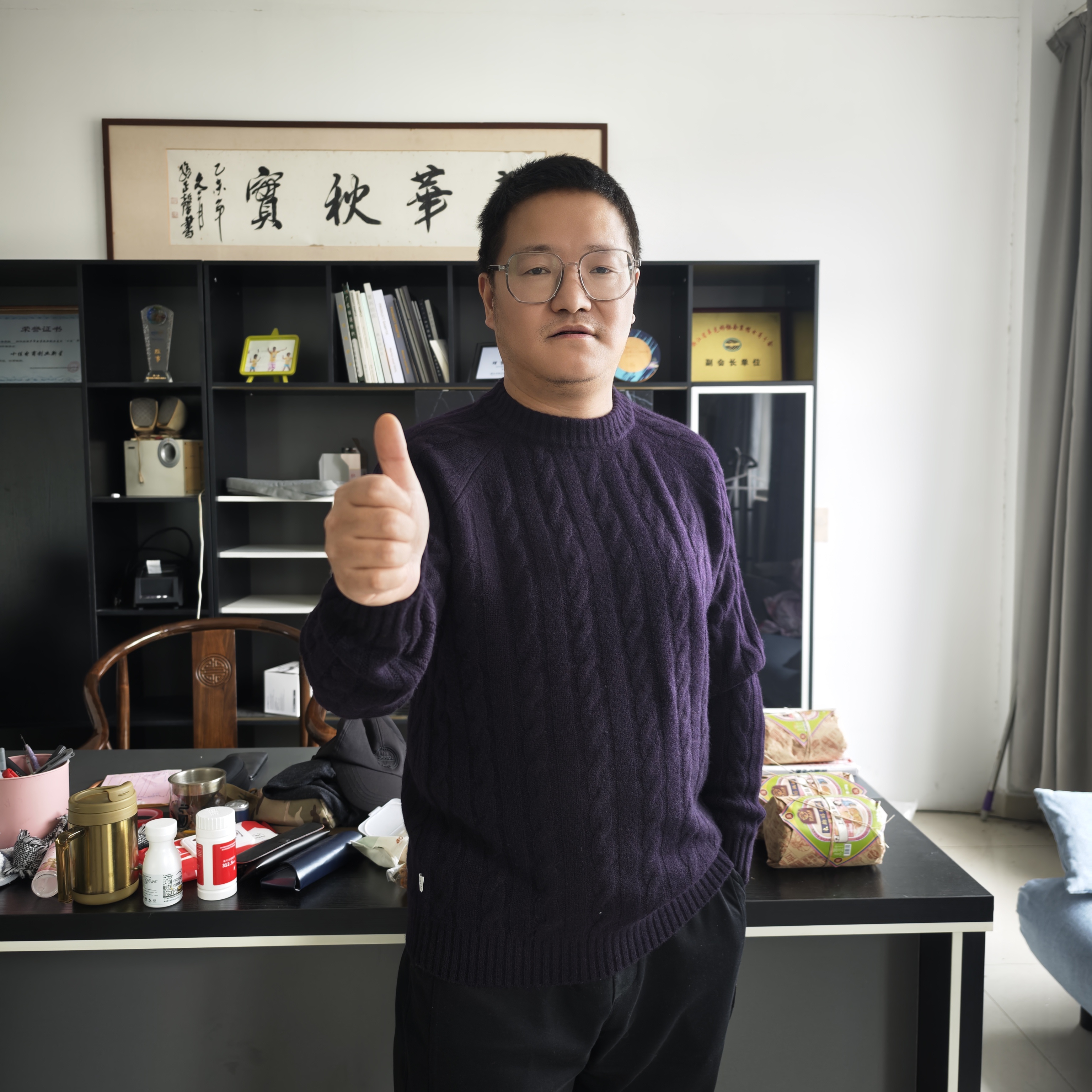 帛贸）男士加厚450克100山羊绒绞花针织衫圆领宽松休闲秋冬打底衫