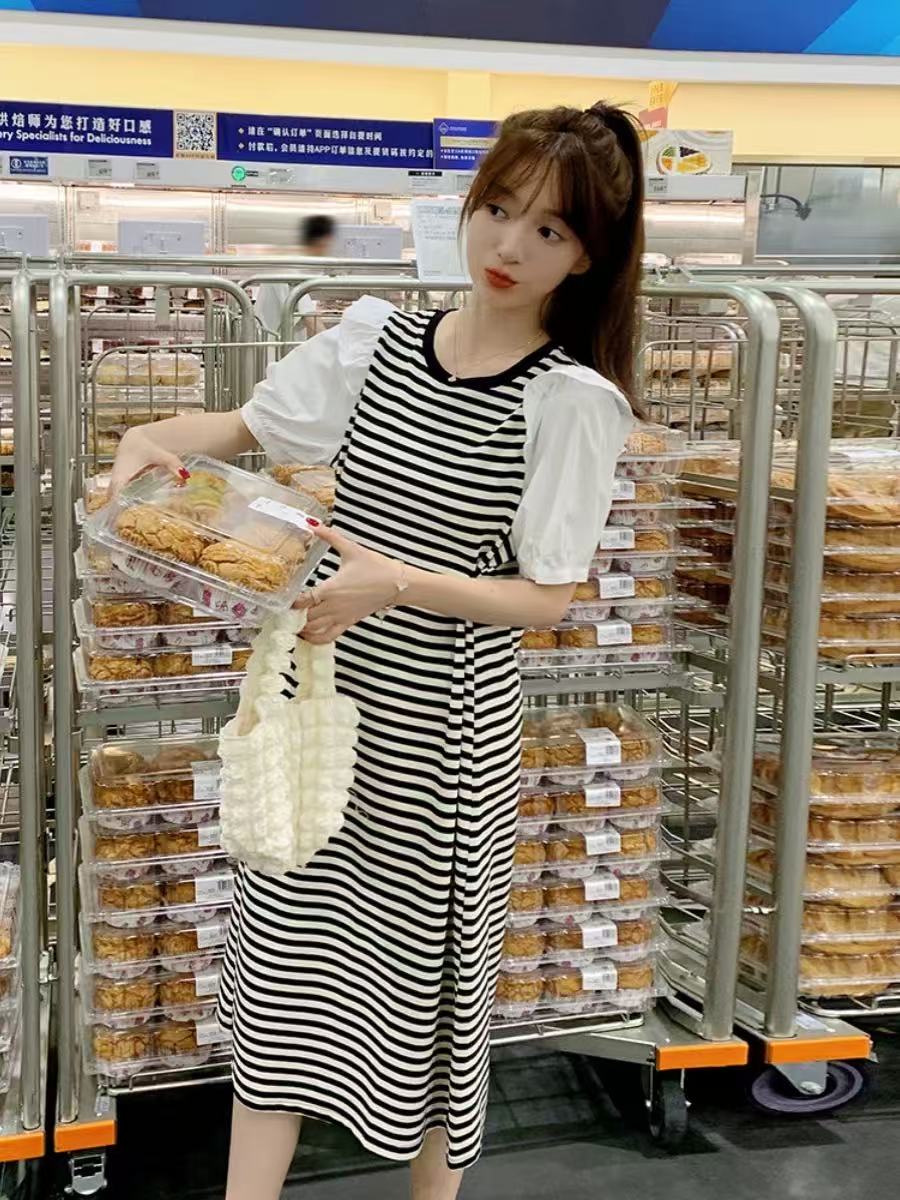 3441 撞色拼接条纹连衣裙女春季新款休闲裙子泡泡袖设计感a字长裙