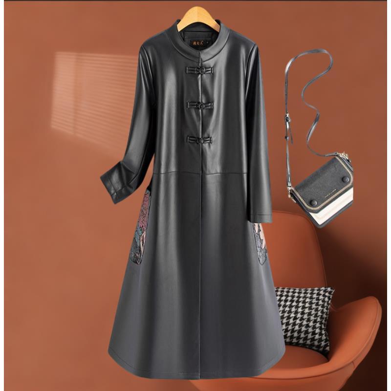 海宁纯皮皮衣女中长款中国风皮风衣外套 LFR-255#