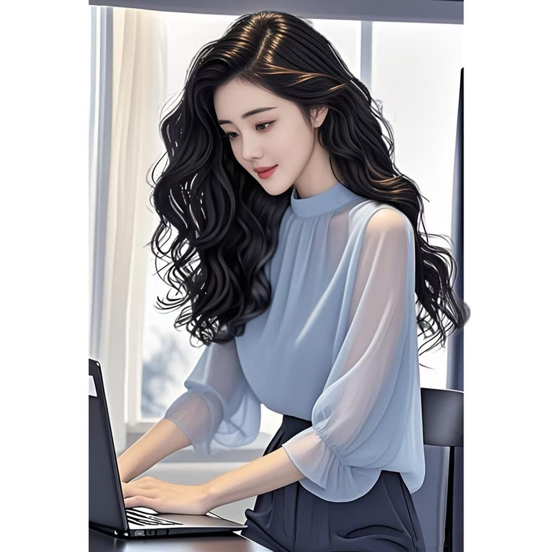 蓝色衬衫女夏季法式气质雪纺衫设计感七分袖薄款职业通勤优雅上衣