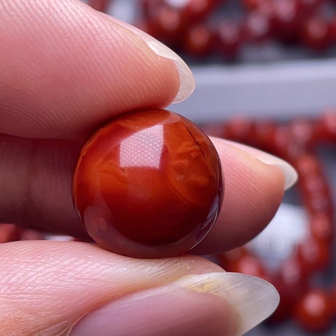 淡***晶南红玛瑙未镶嵌南红玉石15mm瓦西原矿牛血火焰纹单珠