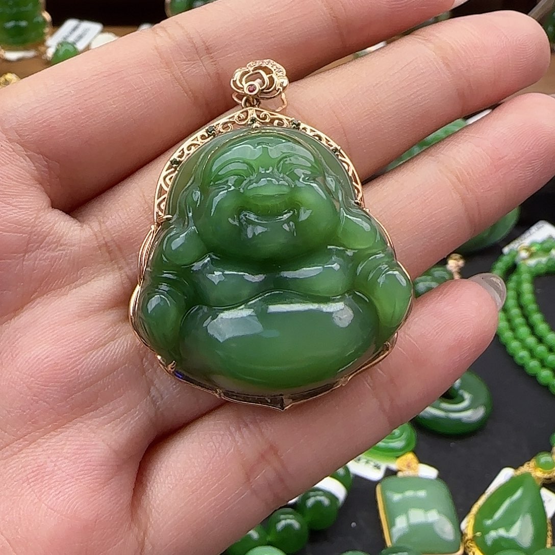 吊坠(不含链)18K金镶嵌和田玉阳绿佛公31mm
