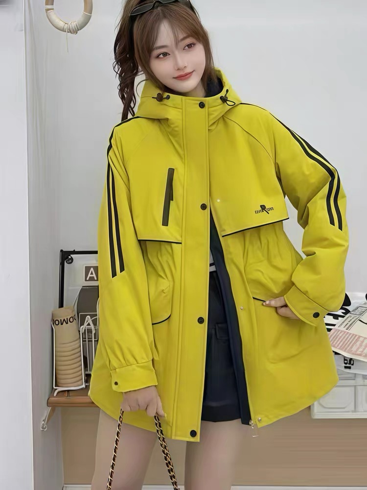 韩版2025加棉加绒收腰连帽中长款冬季风衣保暖休闲女士冲锋衣