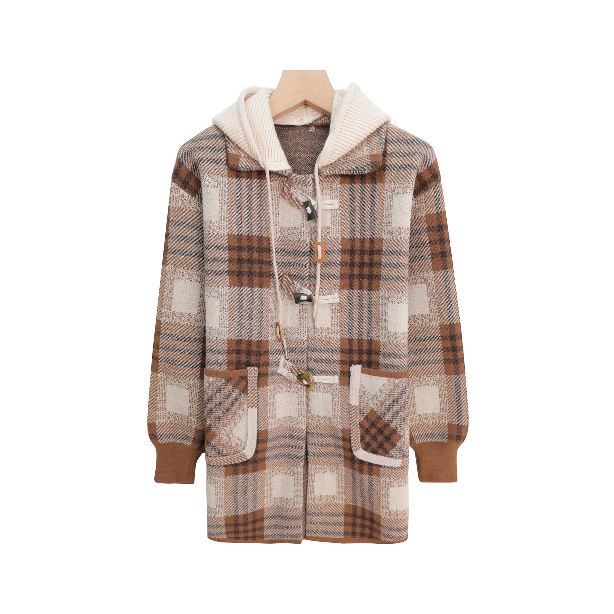 轻奢连帽针织格子洋气毛衣外套休闲中长款开衫X27380