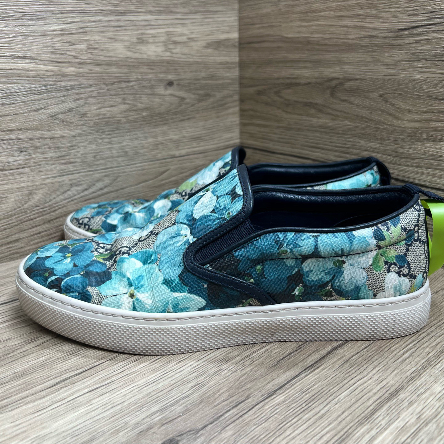 90新 GUCCI/古驰 GG Supreme 蓝棕满印一脚蹬鞋 40.5码