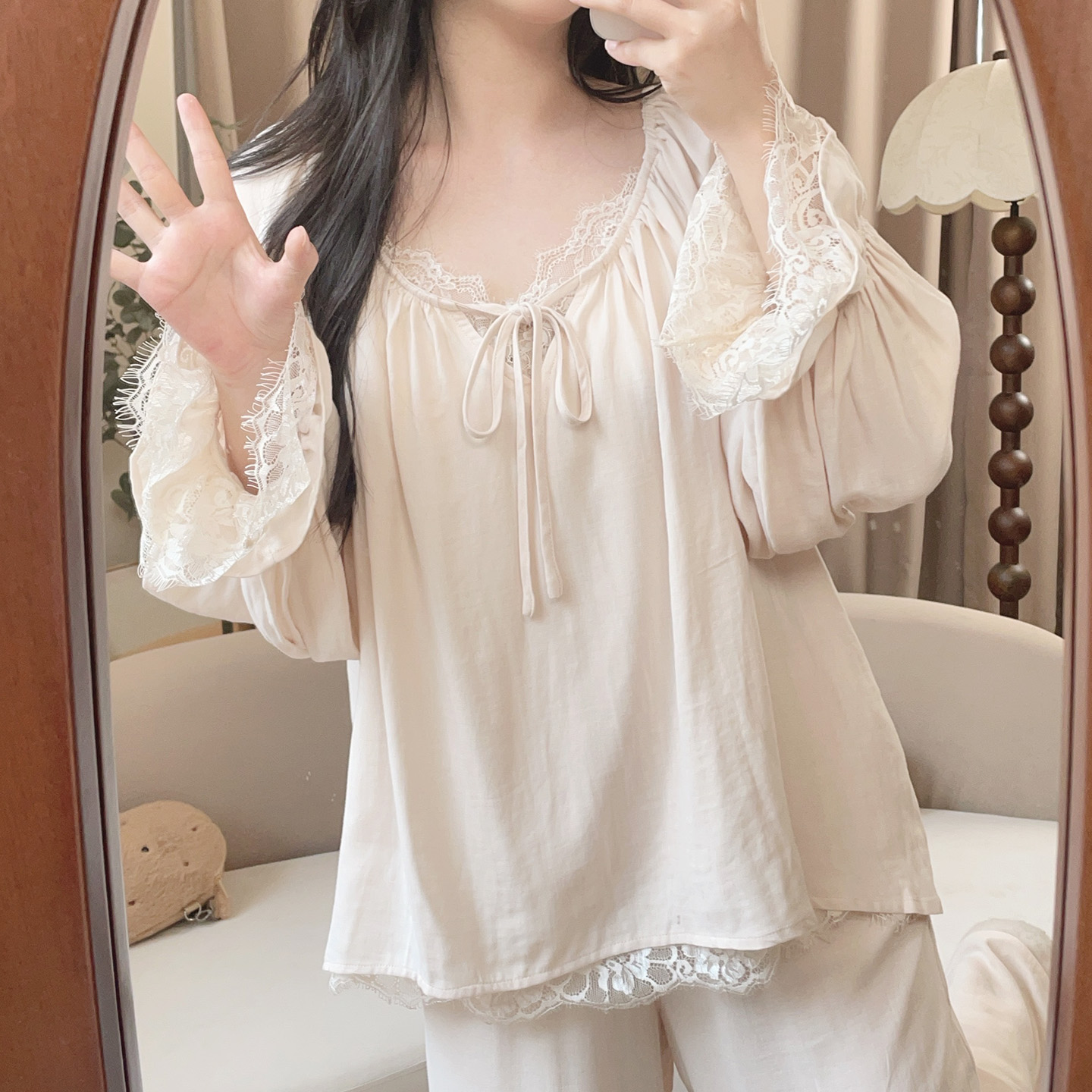 【6068杏色】秋季甜美长袖棉纱可外穿公主家居服睡衣宽松睡衣套装