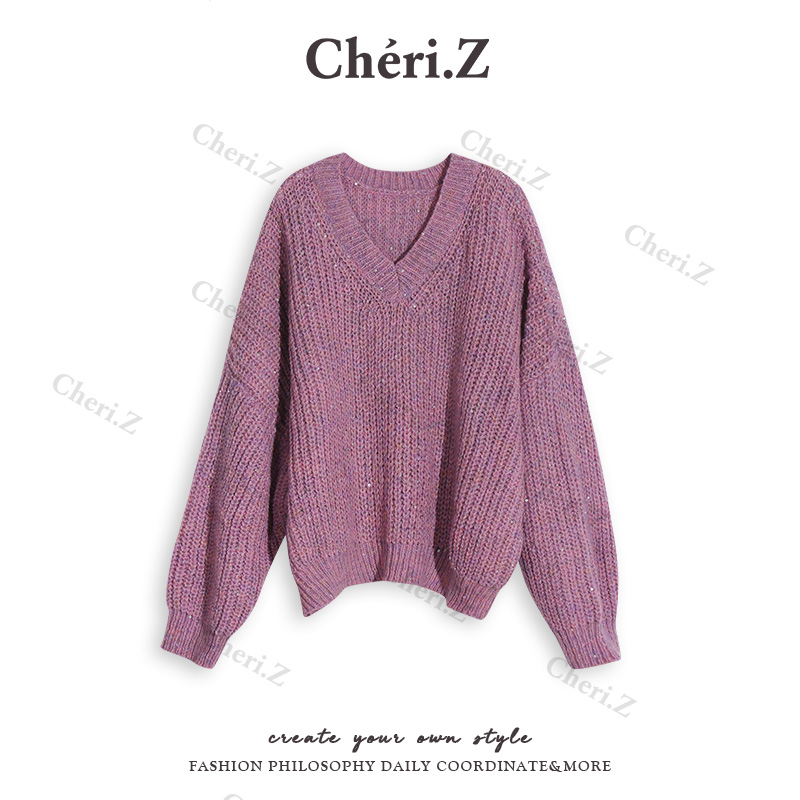 CHERI.Z早秋新款慵懒松弛感重工亮片紫色毛衣女D24D05055J