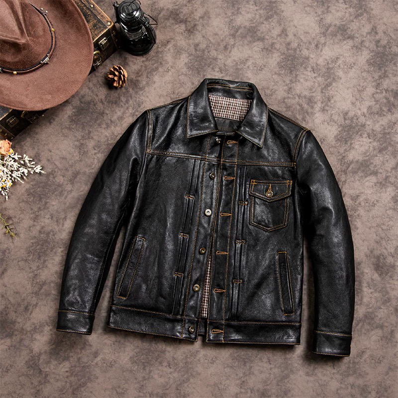 复古506牛仔款皮衣男士真皮上衣无涂山羊皮修身纯皮夹克短款外套